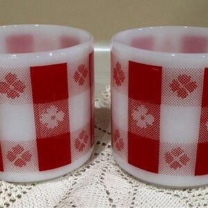 Pair of Federal Glass Company White Milk Glass Red Gingham Check Diner mugs